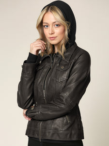 WJC664 Women's Faux Leather Motorcycle Jacket with Hoodie