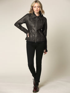 WJC664 Women's Faux Leather Motorcycle Jacket with Hoodie