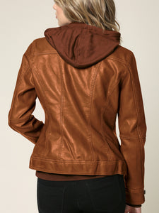 WJC664 Women's Faux Leather Motorcycle Jacket with Hoodie