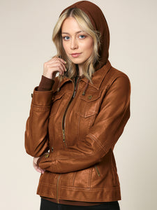 WJC664 Women's Faux Leather Motorcycle Jacket with Hoodie