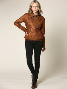 WJC664 Women's Faux Leather Motorcycle Jacket with Hoodie