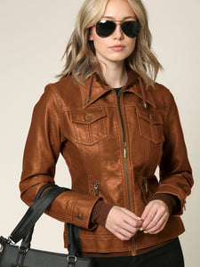 WJC664 Women's Faux Leather Motorcycle Jacket with Hoodie