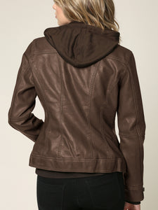 WJC664 Women's Faux Leather Motorcycle Jacket with Hoodie