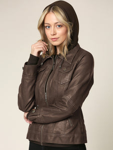 WJC664 Women's Faux Leather Motorcycle Jacket with Hoodie