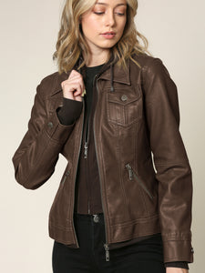 WJC664 Women's Faux Leather Motorcycle Jacket with Hoodie