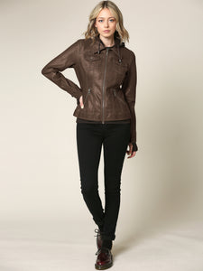 WJC664 Women's Faux Leather Motorcycle Jacket with Hoodie