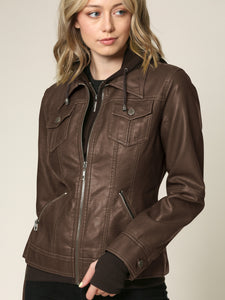 WJC664 Women's Faux Leather Motorcycle Jacket with Hoodie