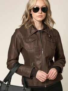 WJC664 Women's Faux Leather Motorcycle Jacket with Hoodie