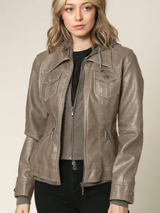 WJC664 Women's Faux Leather Motorcycle Jacket with Hoodie