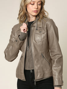 WJC664 Women's Faux Leather Motorcycle Jacket with Hoodie