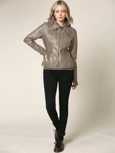 WJC664 Women's Faux Leather Motorcycle Jacket with Hoodie