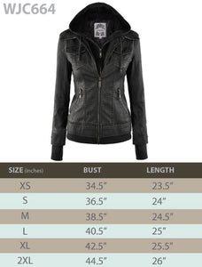 WJC664 Women's Faux Leather Motorcycle Jacket with Hoodie