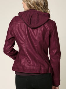 WJC664 Women's Faux Leather Motorcycle Jacket with Hoodie