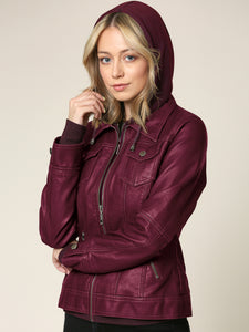 WJC664 Women's Faux Leather Motorcycle Jacket with Hoodie