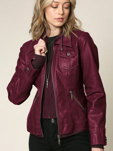 WJC664 Women's Faux Leather Motorcycle Jacket with Hoodie