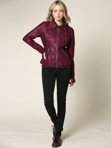 WJC664 Women's Faux Leather Motorcycle Jacket with Hoodie