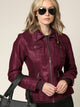 WJC664 Women's Faux Leather Motorcycle Jacket with Hoodie