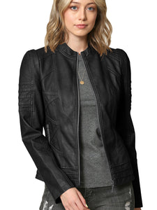WJC746 Womens Faux Leather Zip Up Moto Biker Jacket with Stitching Detail