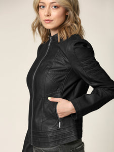 WJC746 Womens Faux Leather Zip Up Moto Biker Jacket with Stitching Detail