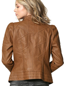 WJC746 Womens Faux Leather Zip Up Moto Biker Jacket with Stitching Detail