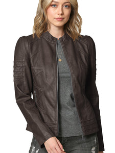 WJC746 Womens Faux Leather Zip Up Moto Biker Jacket with Stitching Detail