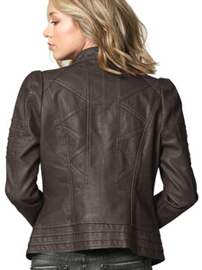 WJC746 Womens Faux Leather Zip Up Moto Biker Jacket with Stitching Detail