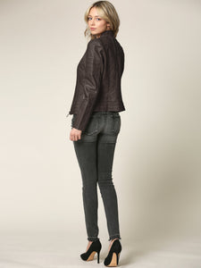 WJC746 Womens Faux Leather Zip Up Moto Biker Jacket with Stitching Detail