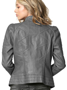 WJC746 Womens Faux Leather Zip Up Moto Biker Jacket with Stitching Detail