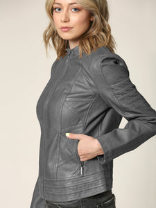 WJC746 Womens Faux Leather Zip Up Moto Biker Jacket with Stitching Detail