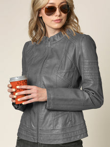 WJC746 Womens Faux Leather Zip Up Moto Biker Jacket with Stitching Detail
