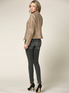 WJC746 Womens Faux Leather Zip Up Moto Biker Jacket with Stitching Detail