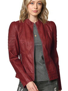 WJC746 Womens Faux Leather Zip Up Moto Biker Jacket with Stitching Detail
