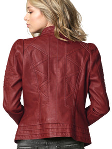 WJC746 Womens Faux Leather Zip Up Moto Biker Jacket with Stitching Detail