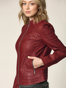 WJC746 Womens Faux Leather Zip Up Moto Biker Jacket with Stitching Detail