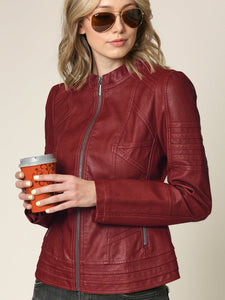 WJC746 Womens Faux Leather Zip Up Moto Biker Jacket with Stitching Detail