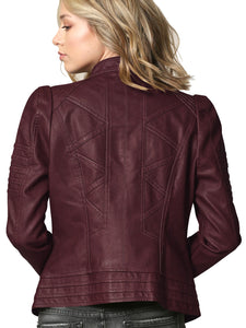 WJC746 Womens Faux Leather Zip Up Moto Biker Jacket with Stitching Detail