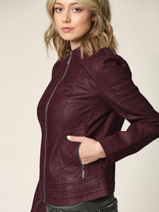 WJC746 Womens Faux Leather Zip Up Moto Biker Jacket with Stitching Detail