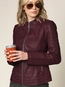 WJC746 Womens Faux Leather Zip Up Moto Biker Jacket with Stitching Detail