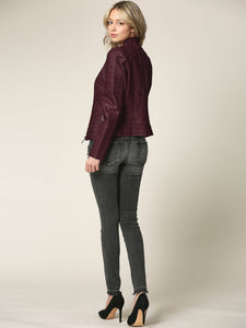 WJC746 Womens Faux Leather Zip Up Moto Biker Jacket with Stitching Detail
