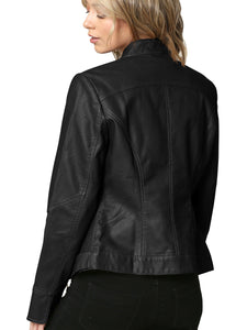 WJC747 Womens Faux Leather Zip Up Moto Biker Jacket with Side Stitching Detail
