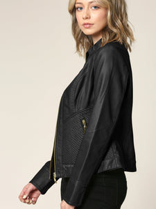 WJC747 Womens Faux Leather Zip Up Moto Biker Jacket with Side Stitching Detail