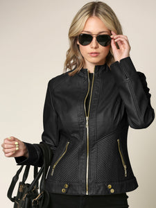 WJC747 Womens Faux Leather Zip Up Moto Biker Jacket with Side Stitching Detail