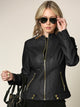 WJC747 Womens Faux Leather Zip Up Moto Biker Jacket with Side Stitching Detail