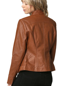 WJC747 Womens Faux Leather Zip Up Moto Biker Jacket with Side Stitching Detail