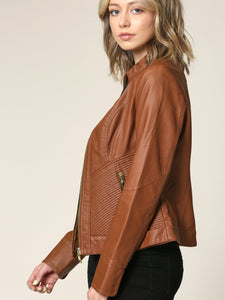 WJC747 Womens Faux Leather Zip Up Moto Biker Jacket with Side Stitching Detail