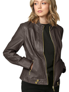 WJC747 Womens Faux Leather Zip Up Moto Biker Jacket with Side Stitching Detail