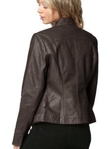 WJC747 Womens Faux Leather Zip Up Moto Biker Jacket with Side Stitching Detail