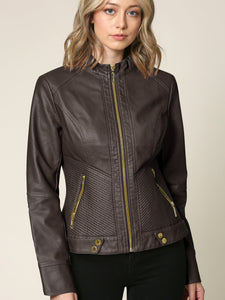 WJC747 Womens Faux Leather Zip Up Moto Biker Jacket with Side Stitching Detail