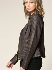 WJC747 Womens Faux Leather Zip Up Moto Biker Jacket with Side Stitching Detail