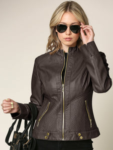 WJC747 Womens Faux Leather Zip Up Moto Biker Jacket with Side Stitching Detail